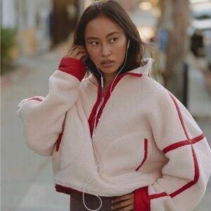 Free People Cream and Red Teddy Mountain Jacket